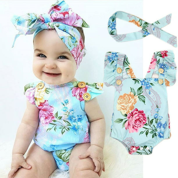 Baby Romper Infant Headband Girl Floral Jumpsuit Newborn Outfit Bodysuit Clothes